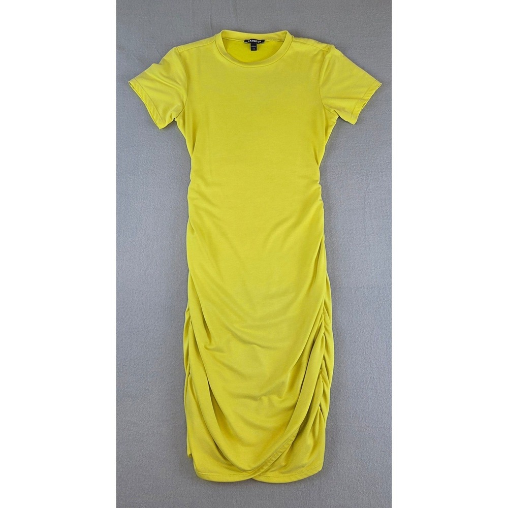 Express T-Shirt Dress XXS Crew Neck Chartreuse Neon Yellow Ruched Beach Bodycon - Picture 3 of 8